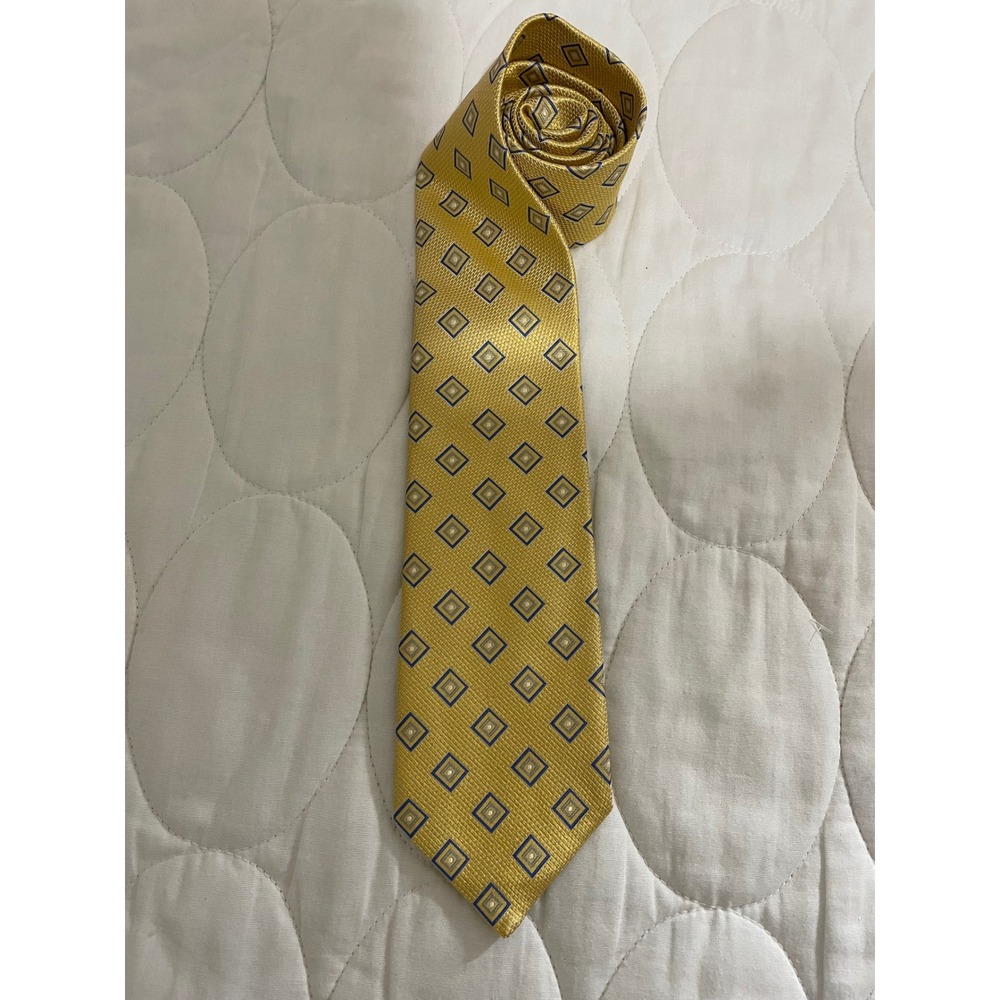 Robert Jensen Mens Gold Blue Geometric Silk Necktie Hand Sewn Italy Classic Tie